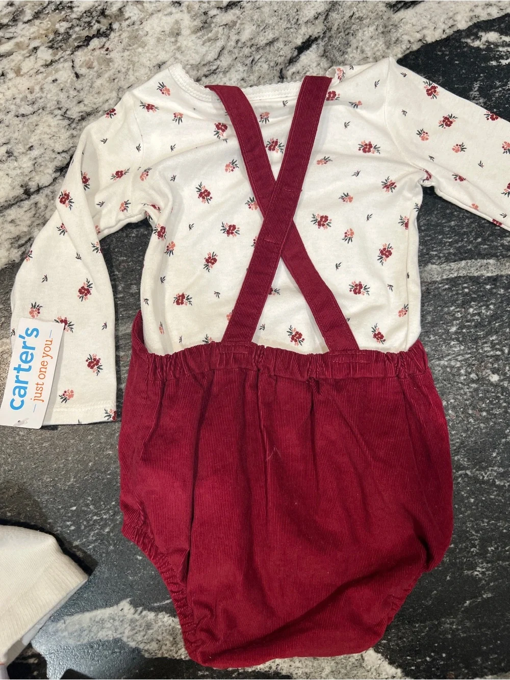 Carter's Burgundy Corduroy Romper with White Floral Tee and Cream Tights